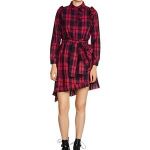 Maje Plaid Jacquard Wrap Red Asymmetrical Long Sleeve Dress L